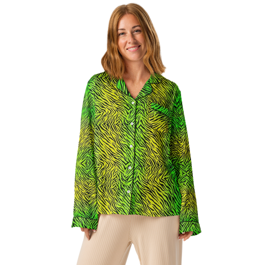 Green & Yellow Zebra Print Women's Long Sleeve Pajama Top
