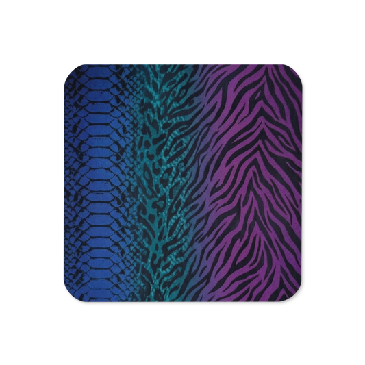 Blue Teal & Purple Snake Zebra & Leopard Print Cork-Back Coaster