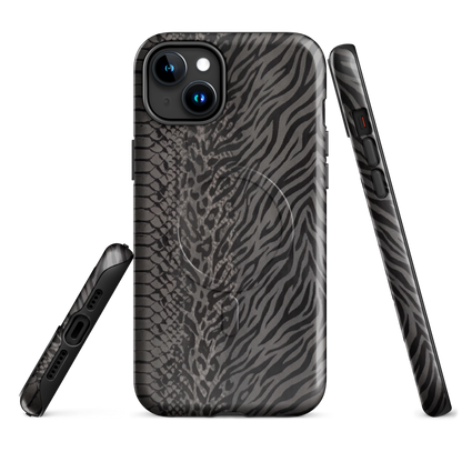 Gray & Black Zebra Snake & Leopard Print MagSafe Tough Case for iPhone®