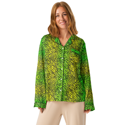 Green & Yellow  Zebra Print Women's Long Sleeve Pajama Top