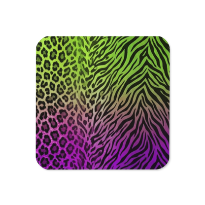 Neon Green & Purple Zebra & Leopard Print Cork-Back Coaster