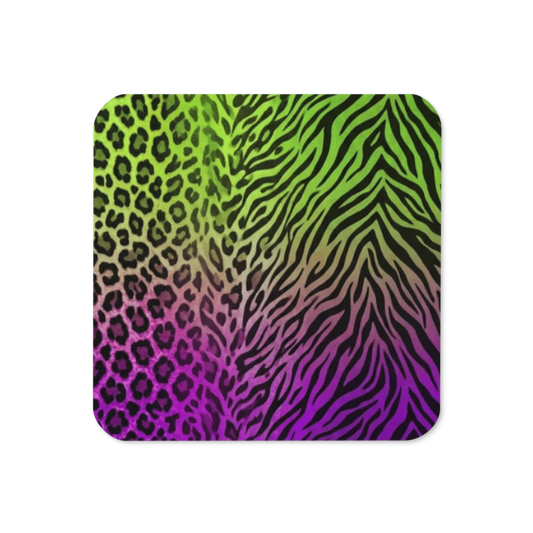 Neon Green & Purple Zebra & Leopard Print Cork-Back Coaster