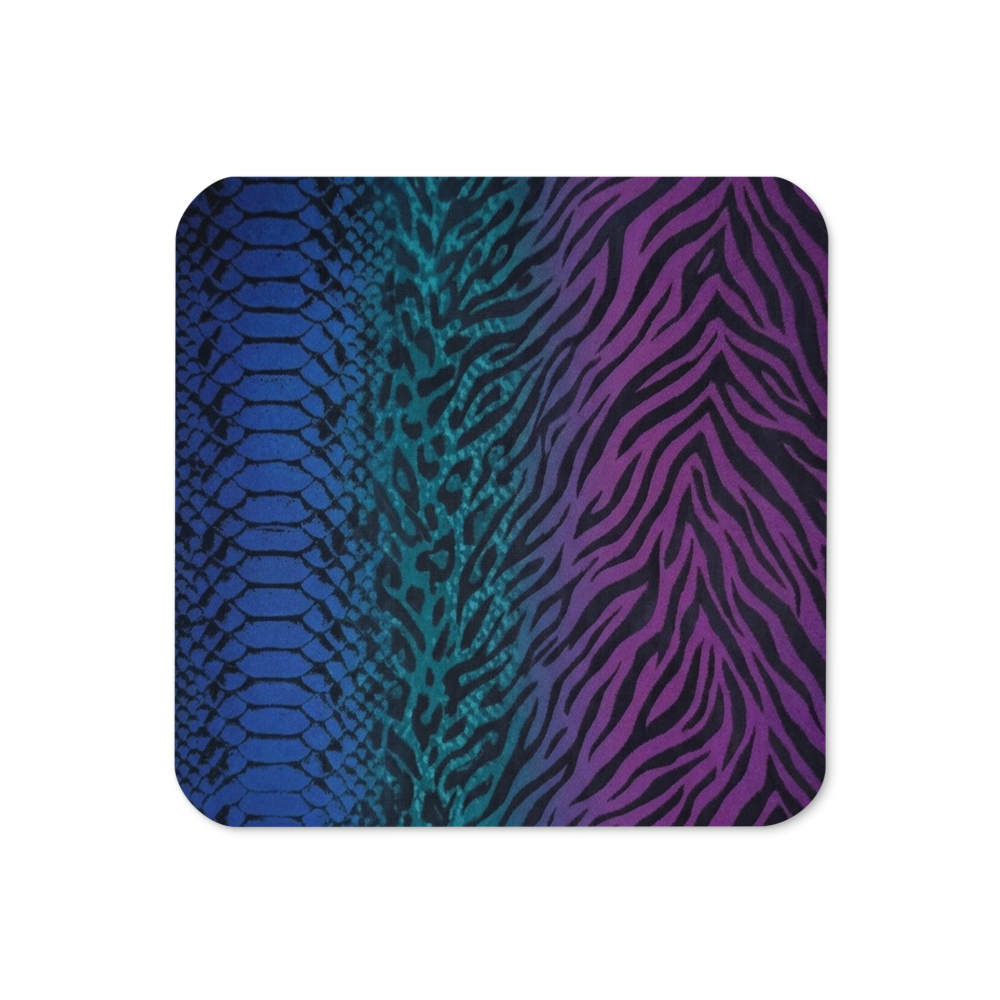 Blue Teal & Purple Snake Zebra & Leopard Print Cork-Back Coaster