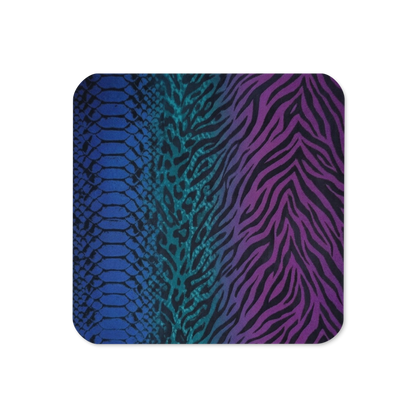 Blue Teal & Purple Snake Zebra & Leopard Print Cork-Back Coaster
