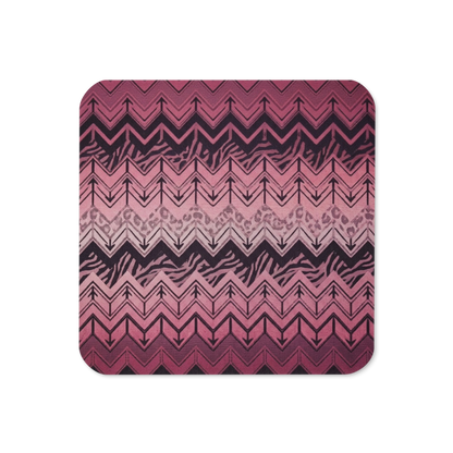 Pink/Burgundy Chevron Pattern with Zebra & Leopard Print Cork-Back Coaster