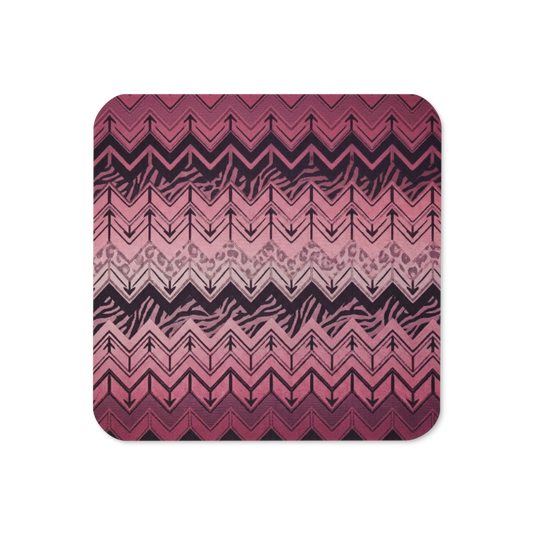 Pink/Burgundy Chevron Pattern with Zebra & Leopard Print Cork-Back Coaster