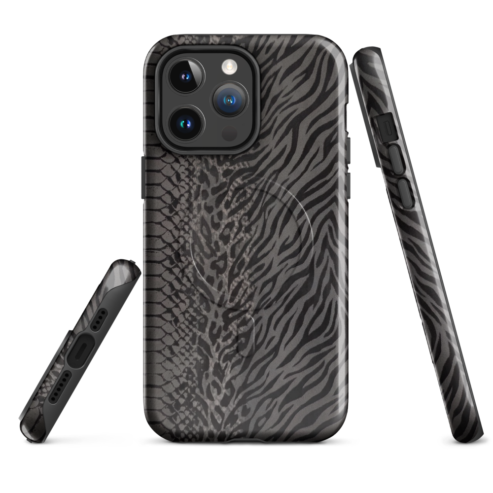 Gray & Black Zebra Snake & Leopard Print MagSafe Tough Case for iPhone®