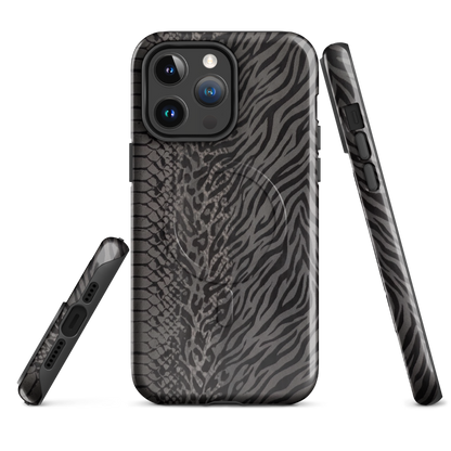 Gray & Black Zebra Snake & Leopard Print MagSafe Tough Case for iPhone®