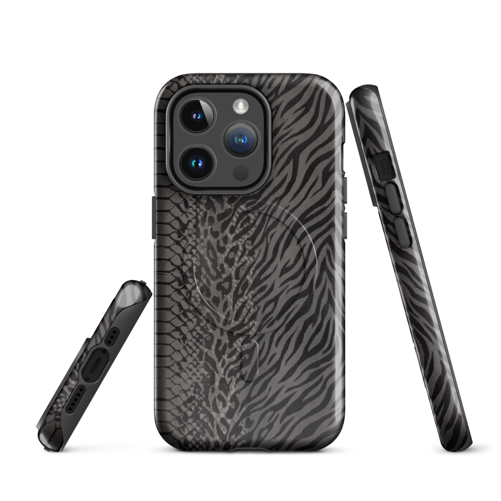 Gray & Black Zebra Snake & Leopard Print MagSafe Tough Case for iPhone®