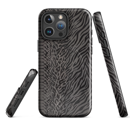 Gray & Black Zebra Snake & Leopard Print MagSafe Tough Case for iPhone®