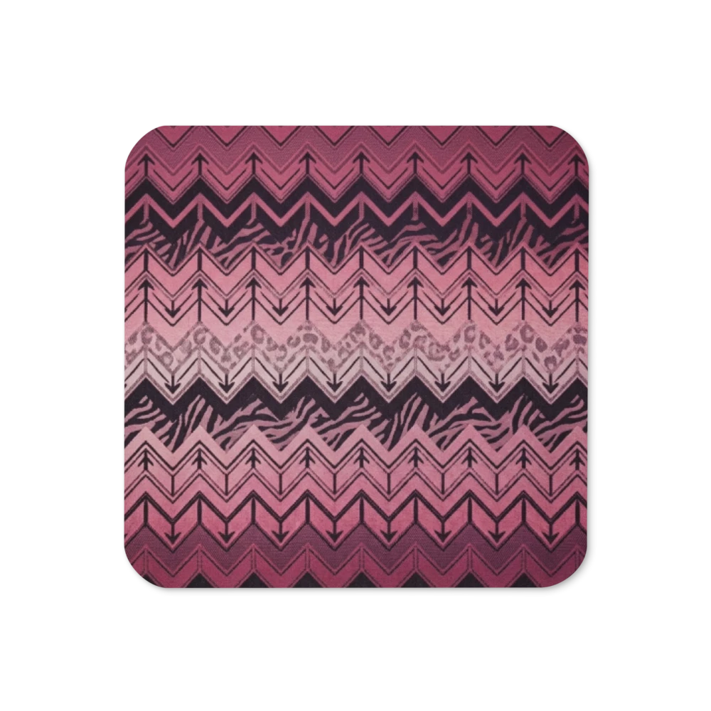 Pink/Burgundy Chevron Pattern with Zebra & Leopard Print Cork-Back Coaster