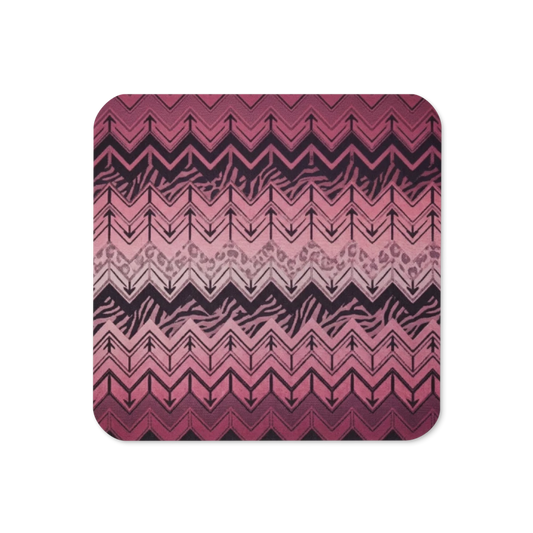 Pink/Burgundy Chevron Pattern with Zebra & Leopard Print Cork-Back Coaster