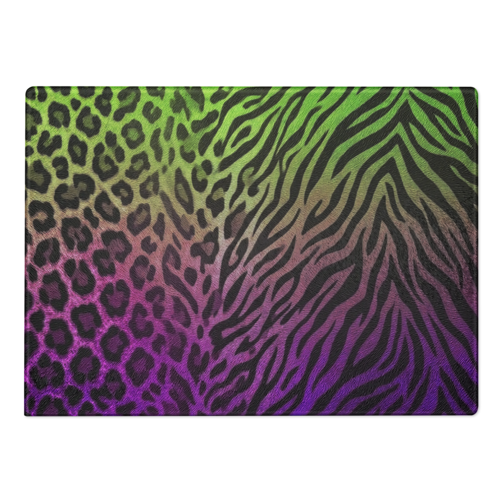 Neon Green & Purple Leopard & Zebra Print Glass Cutting Board