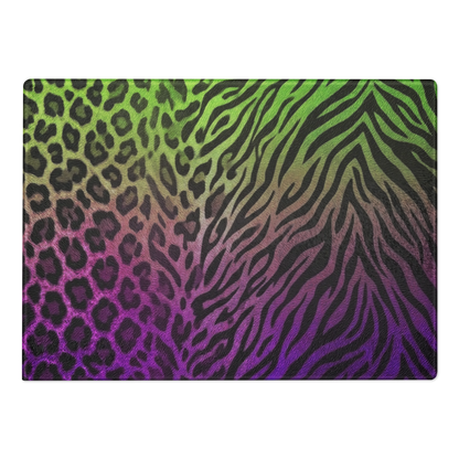 Neon Green & Purple Leopard & Zebra Print Glass Cutting Board