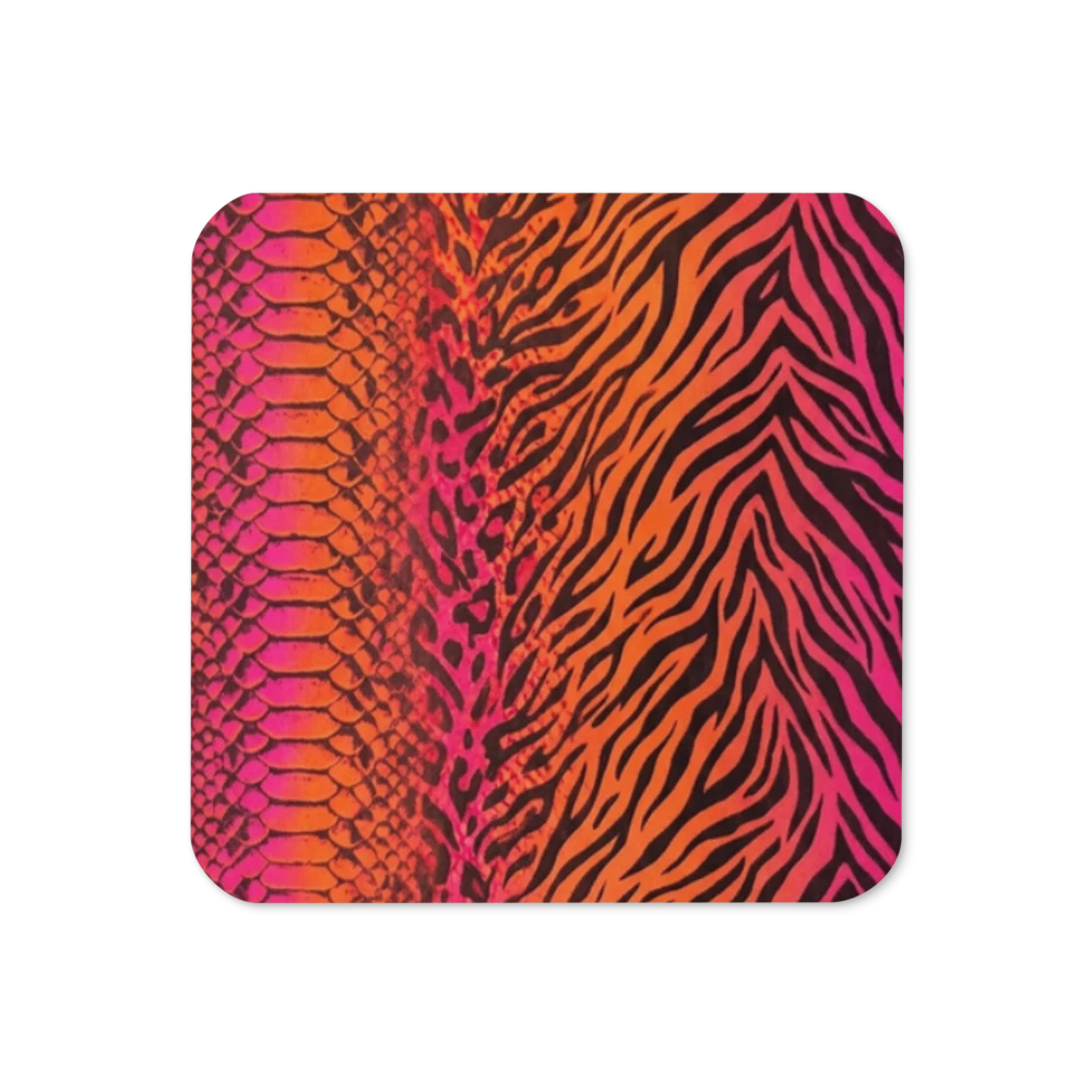 Vibrant Orange & Hot Pink Zebra & Leopard Print Cork-Back Coaster