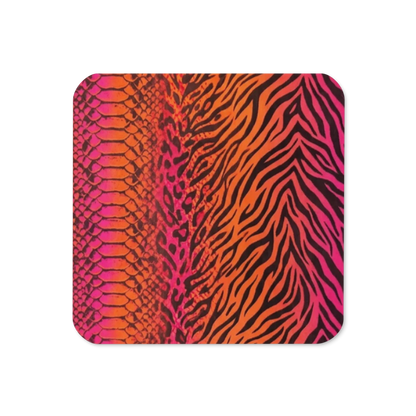 Vibrant Orange & Hot Pink Zebra & Leopard Print Cork-Back Coaster