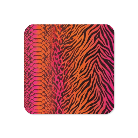 Vibrant Orange & Hot Pink Zebra & Leopard Print Cork-Back Coaster