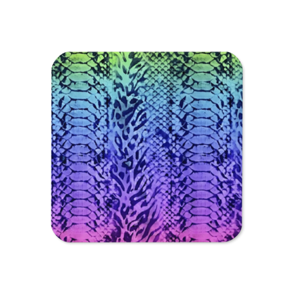 Vibrant Rainbow Snake Skin & Leopard Print Cork-Back Coaster