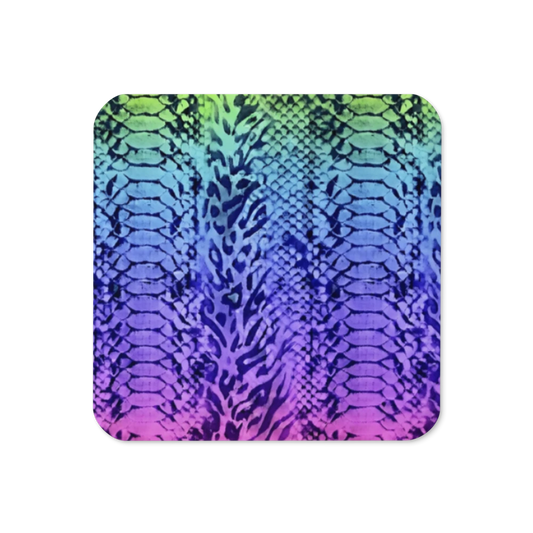 Vibrant Rainbow Snake Skin & Leopard Print Cork-Back Coaster