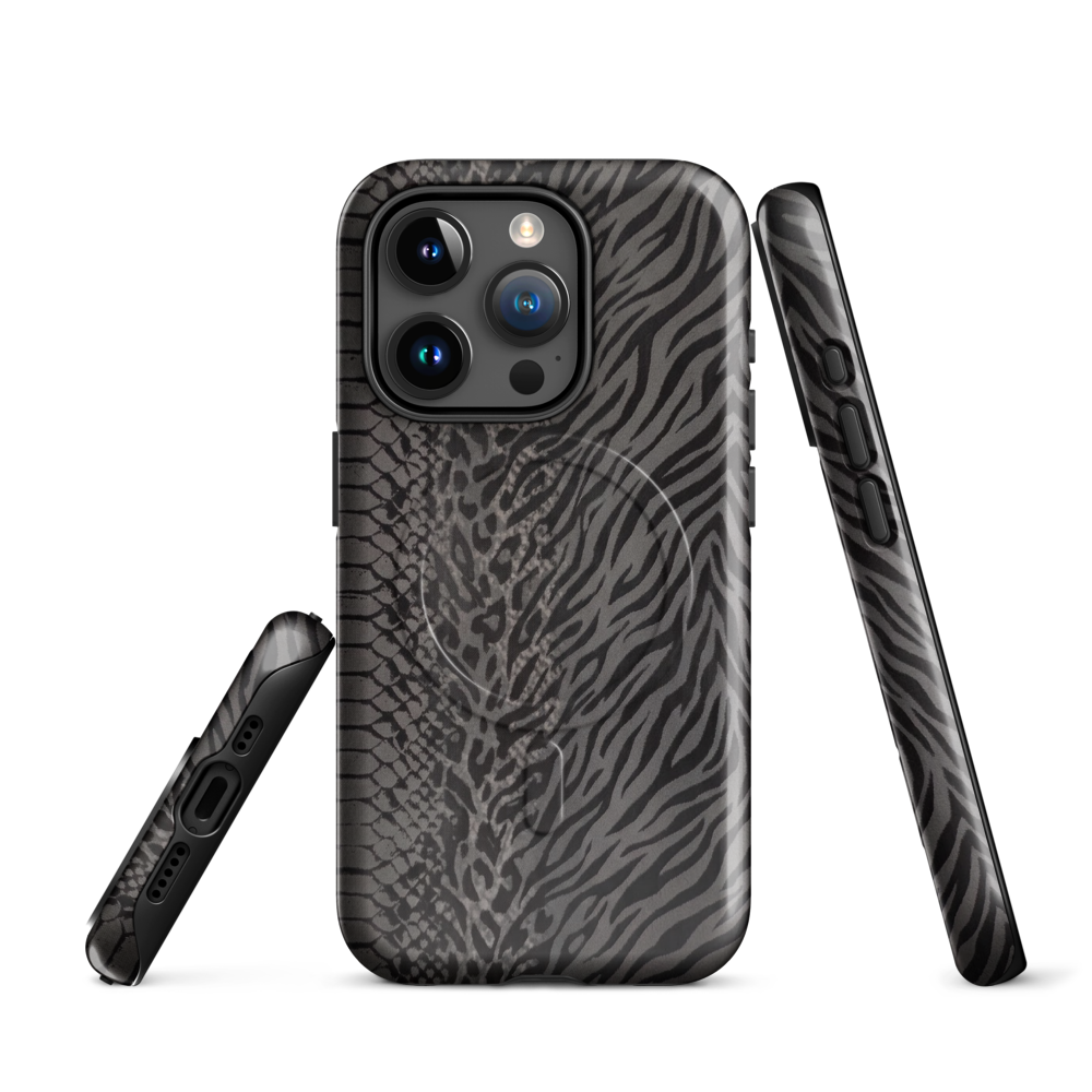 Gray & Black Zebra Snake & Leopard Print MagSafe Tough Case for iPhone®