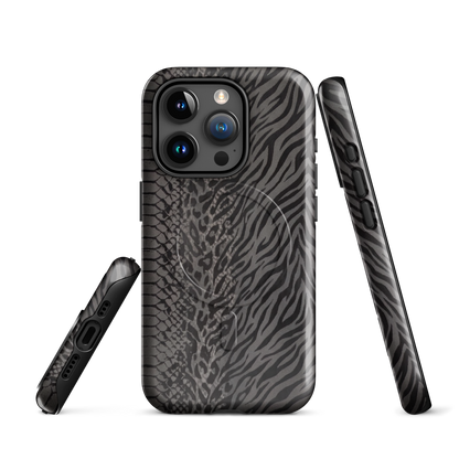 Gray & Black Zebra Snake & Leopard Print MagSafe Tough Case for iPhone®