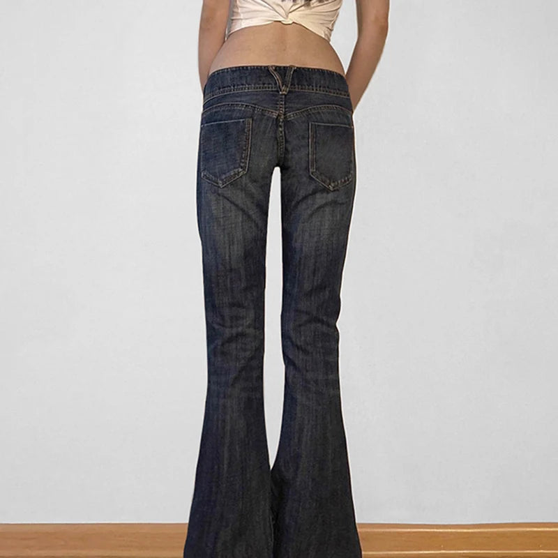 Y2K Low-Rise Flare Pants Breathable Simple Knitted Solid Distressed Denim Regular Fit Slimming Vintage Wash Autumn