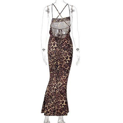Sexy Backless Leopard Print Dress Sleeveless Vestidos Mujer Maxi Party Wear Dresses for Women
