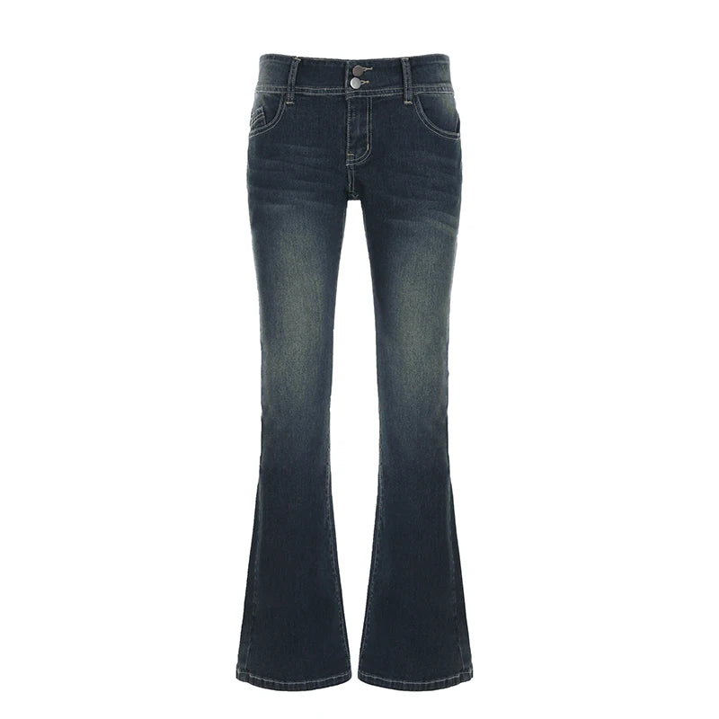 Y2K Low-Rise Flare Pants Breathable Simple Knitted Solid Distressed Denim Regular Fit Slimming Vintage Wash Autumn