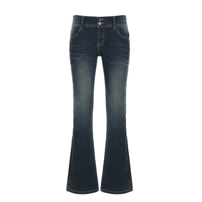 Y2K Low-Rise Flare Pants Breathable Simple Knitted Solid Distressed Denim Regular Fit Slimming Vintage Wash Autumn