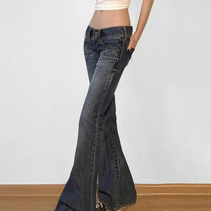 Y2K Low-Rise Flare Pants Breathable Simple Knitted Solid Distressed Denim Regular Fit Slimming Vintage Wash Autumn