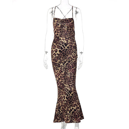 Sexy Backless Leopard Print Dress Sleeveless Vestidos Mujer Maxi Party Wear Dresses for Women