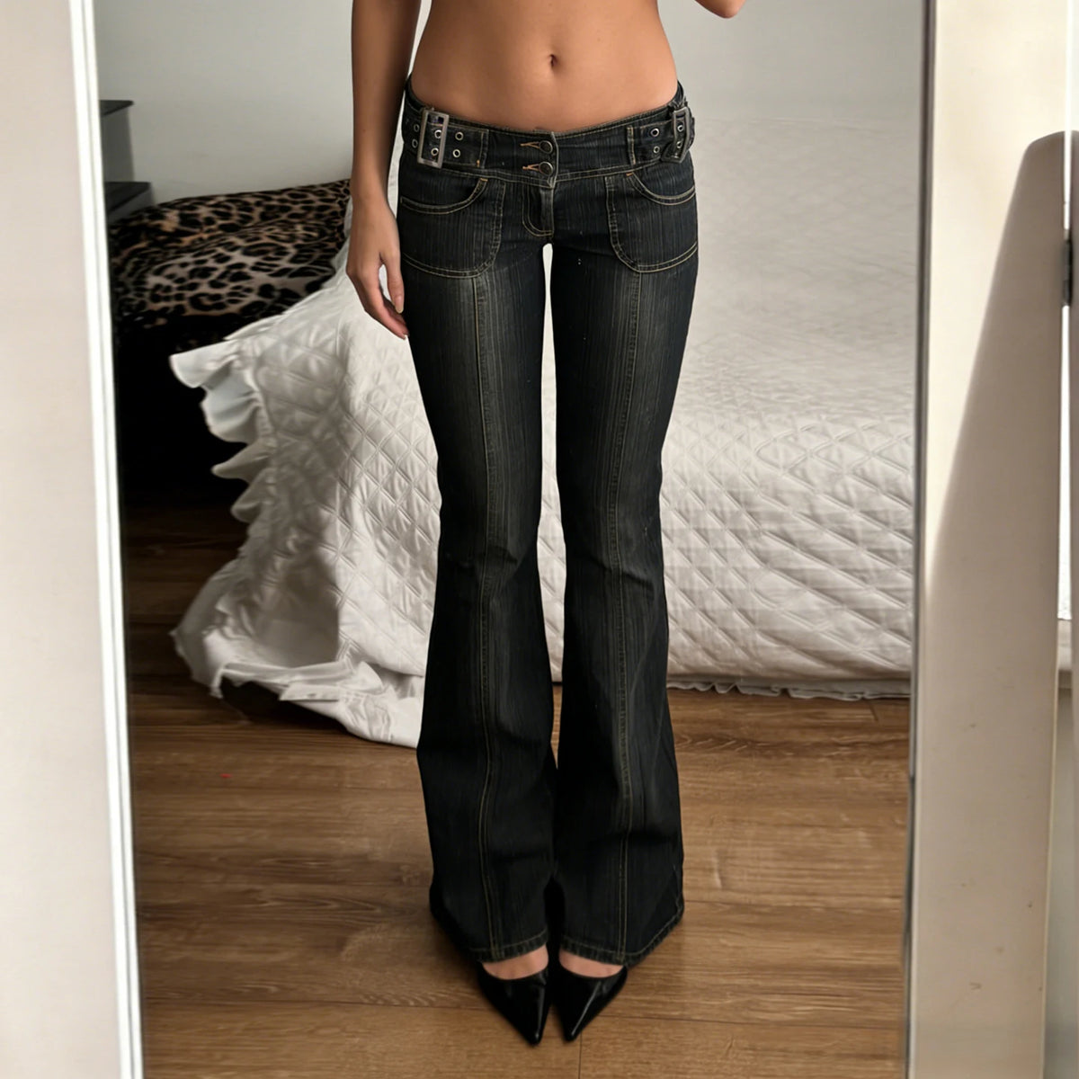 Women Low Rise Flare Jeans Sexy Slim Fit Metal Buckle Denim Pants Street Style Vintage Bell Bottom Long Trousers