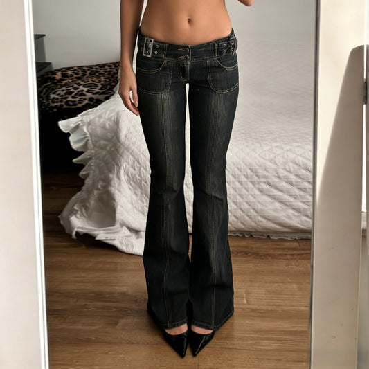 Women Low Rise Flare Jeans Sexy Slim Fit Metal Buckle Denim Pants Street Style Vintage Bell Bottom Long Trousers