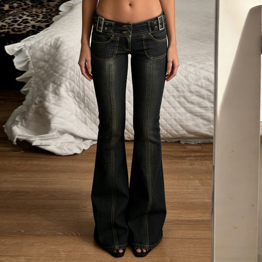 Women Low Rise Flare Jeans Sexy Slim Fit Metal Buckle Denim Pants Street Style Vintage Bell Bottom Long Trousers