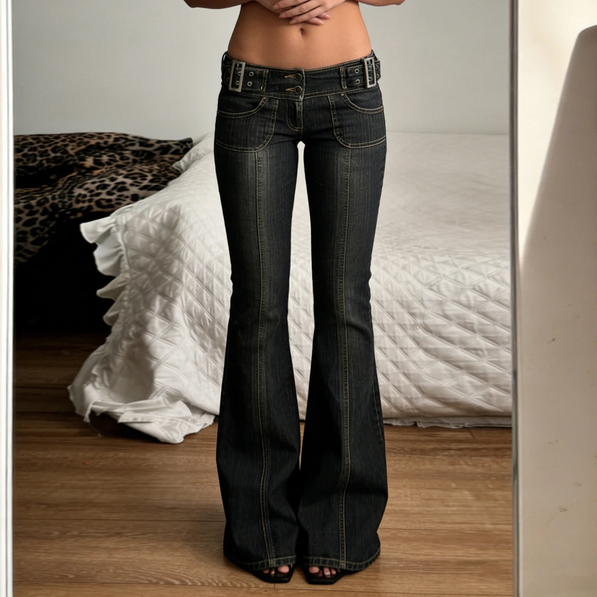 Women Low Rise Flare Jeans Sexy Slim Fit Metal Buckle Denim Pants Street Style Vintage Bell Bottom Long Trousers