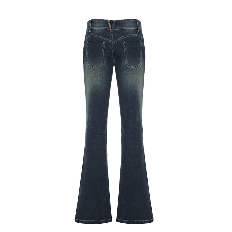 Y2K Low-Rise Flare Pants Breathable Simple Knitted Solid Distressed Denim Regular Fit Slimming Vintage Wash Autumn
