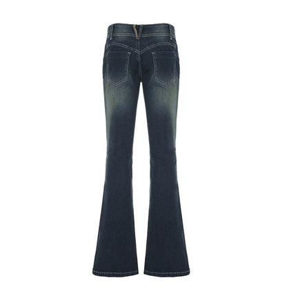 Y2K Low-Rise Flare Pants Breathable Simple Knitted Solid Distressed Denim Regular Fit Slimming Vintage Wash Autumn