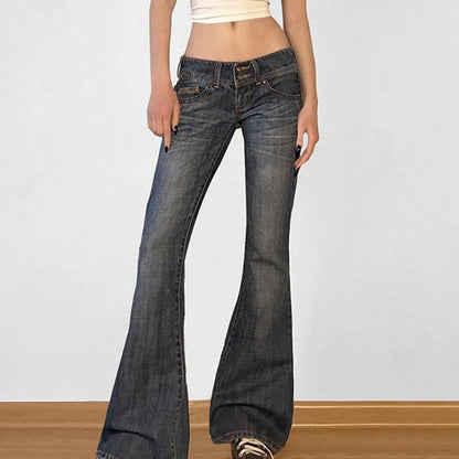 Y2K Low-Rise Flare Pants Breathable Simple Knitted Solid Distressed Denim Regular Fit Slimming Vintage Wash Autumn