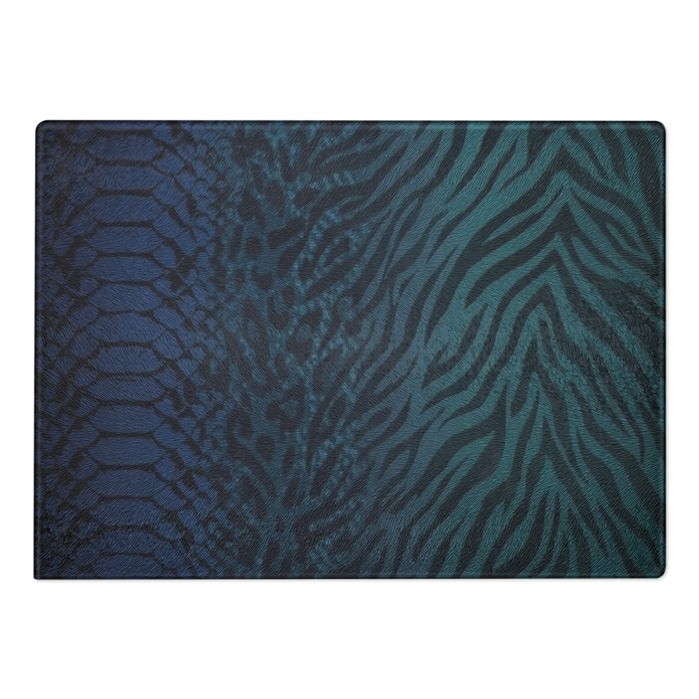 Teal to Blue Zebra & Leopard Print Glass Cutting Board