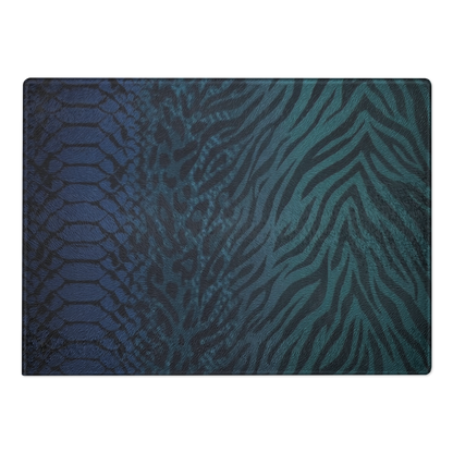 Teal to Blue Zebra & Leopard Print Glass Cutting Board