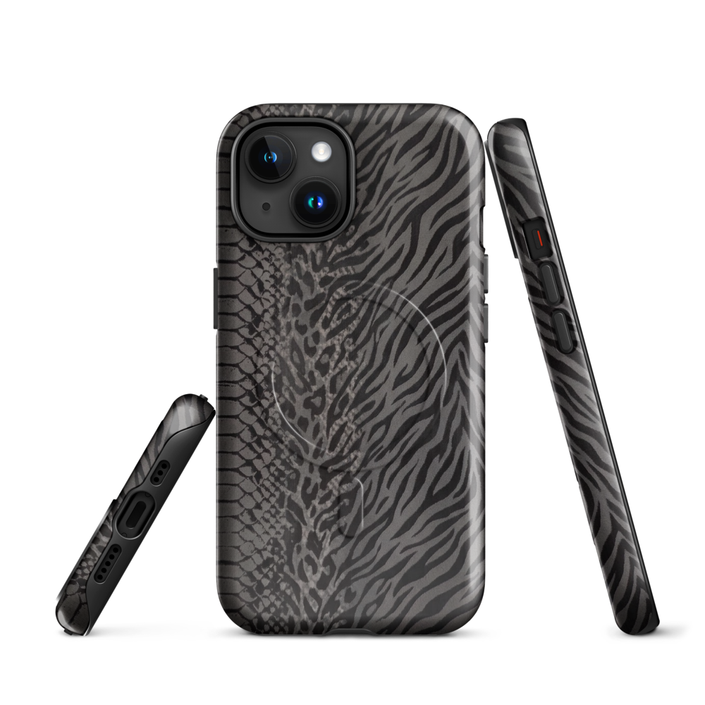 Gray & Black Zebra Snake & Leopard Print MagSafe Tough Case for iPhone®