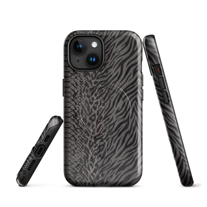 Gray & Black Zebra Snake & Leopard Print MagSafe Tough Case for iPhone®