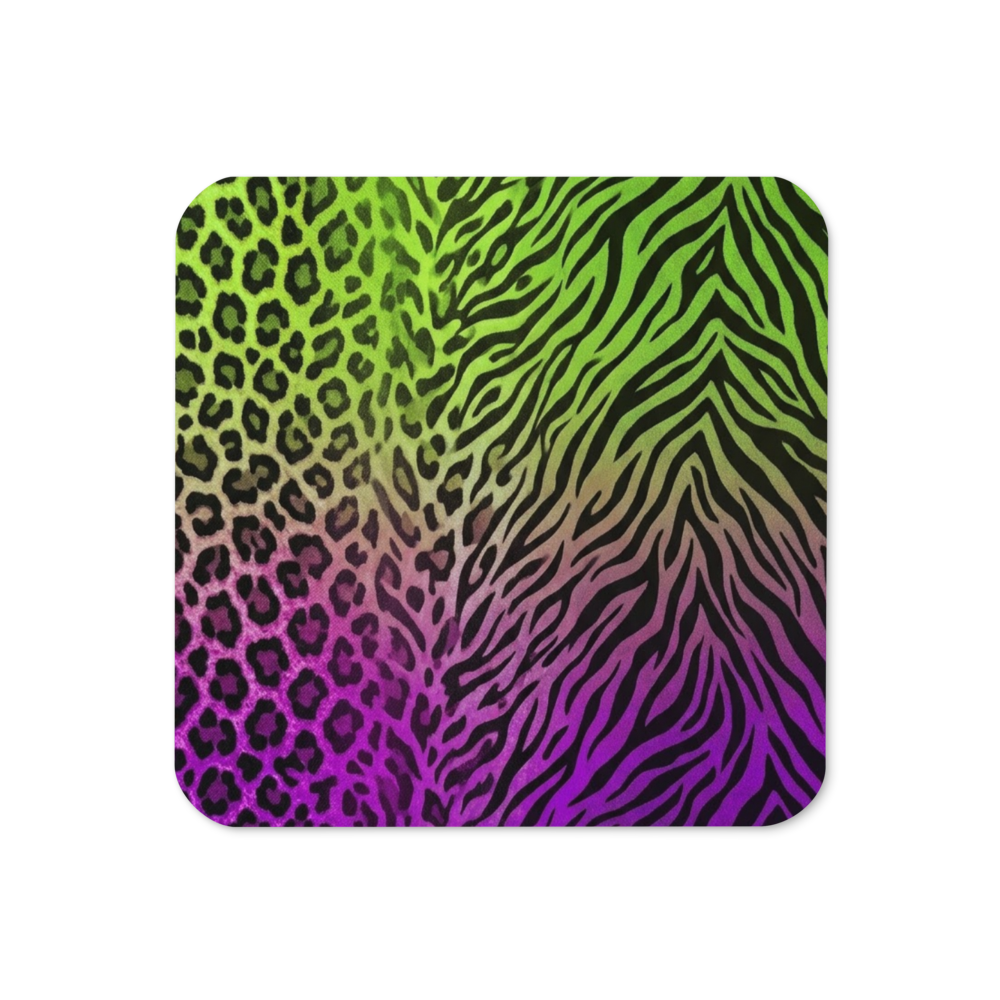 Neon Green & Purple Zebra & Leopard Print Cork-Back Coaster