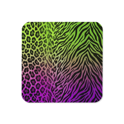 Neon Green & Purple Zebra & Leopard Print Cork-Back Coaster