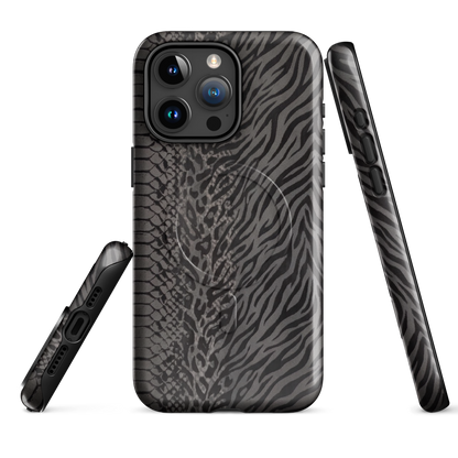 Gray & Black Zebra Snake & Leopard Print MagSafe Tough Case for iPhone®