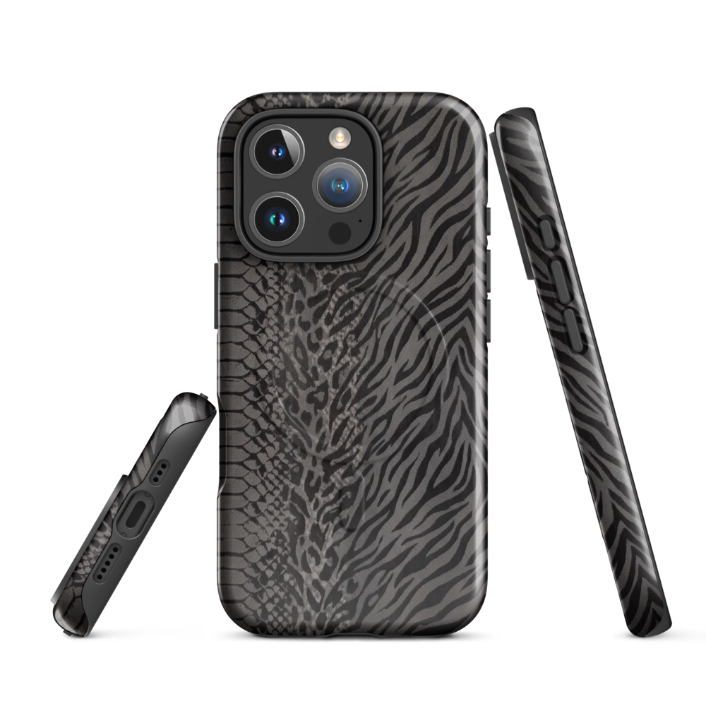 Gray & Black Zebra Snake & Leopard Print MagSafe Tough Case for iPhone®