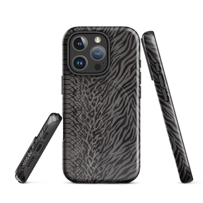 Gray & Black Zebra Snake & Leopard Print MagSafe Tough Case for iPhone®