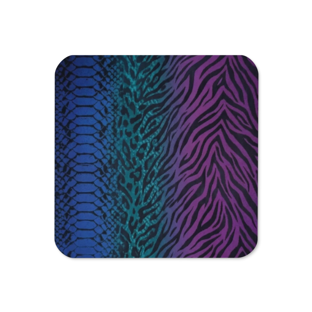 Blue Teal & Purple Snake Zebra & Leopard Print Cork-Back Coaster