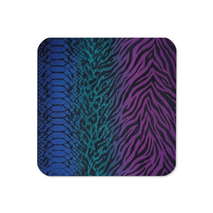 Blue Teal & Purple Snake Zebra & Leopard Print Cork-Back Coaster