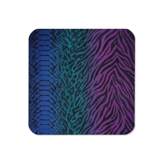 Blue Teal & Purple Snake Zebra & Leopard Print Cork-Back Coaster
